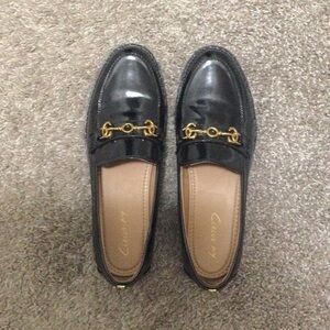 Womens Circus Sam Edelman Black Patent Leather Slip-On Loafers Gold Horsebit